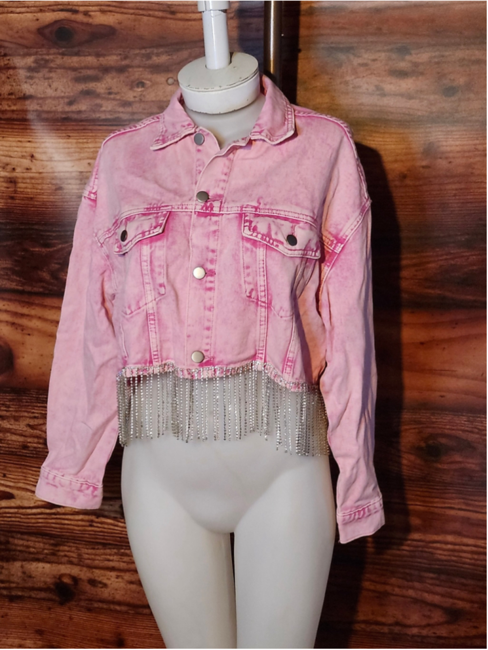 Women's Altar'd State Pink Jean Jacket with Rhinestone Fringe, Size S